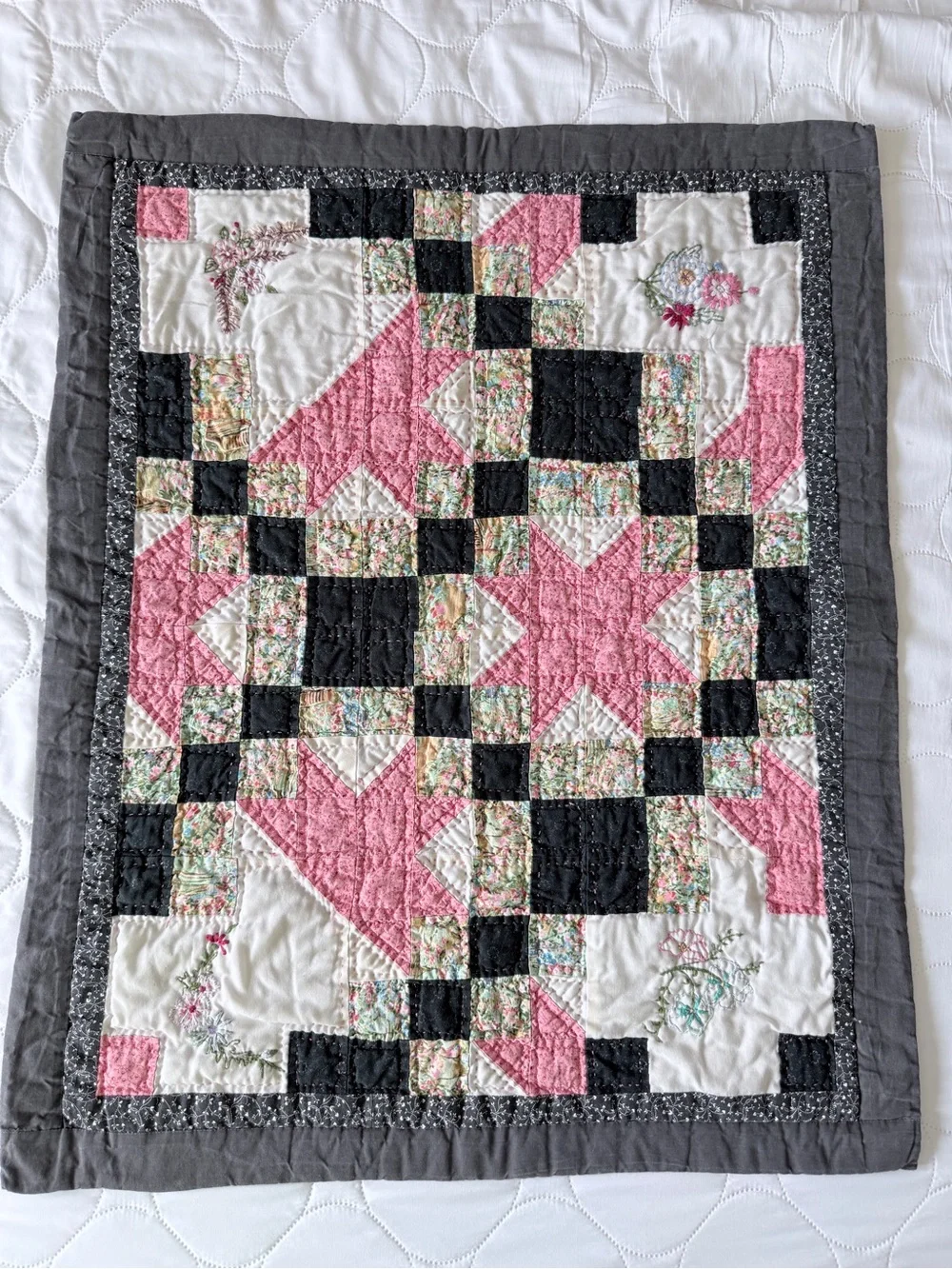 Small Quilt with Embroidered Flowers
